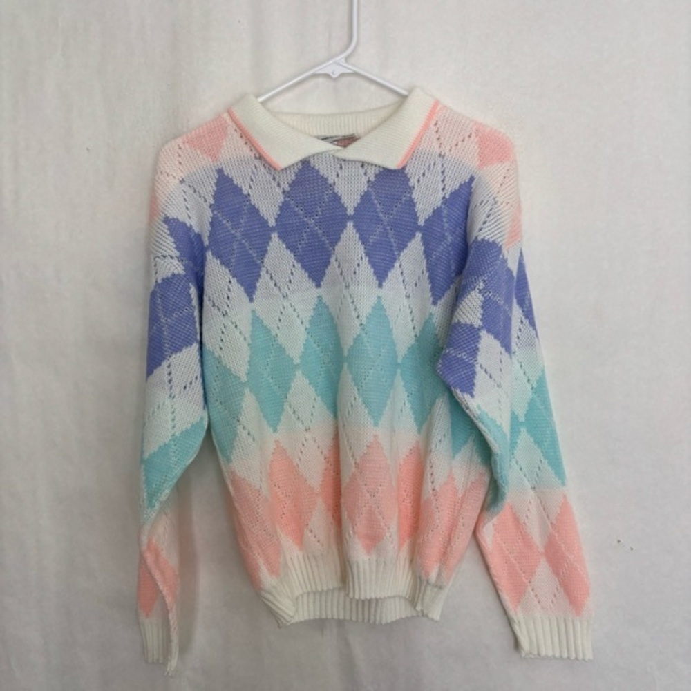 Vintage Prescious knits medium acrylic knit pastel collared sweater 122